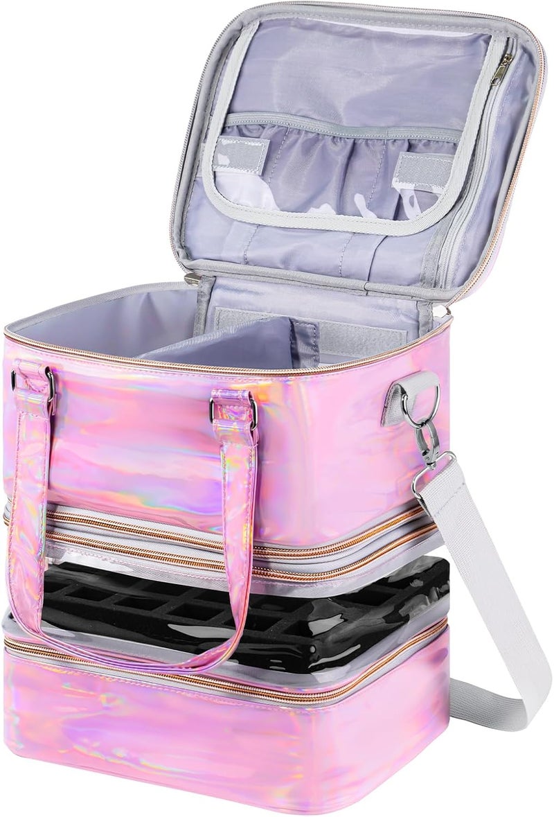BELOVING Nail Polish Organizer Case, 3 Layers Removable Nail Polish Storage Bag Holds 60 Bottles and Nail Lamp with Shoulder Strap Portable Holographic PU Leather Nail Kit Storage for Manicure Tools (Pink) - Image 1